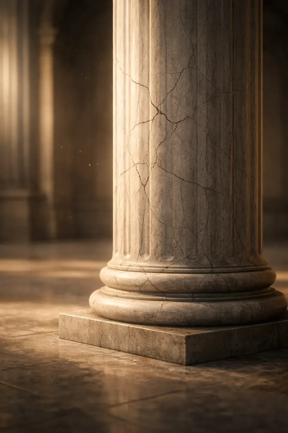 Close-up of a cracked classical marble column in warm light, fractures spreading across the fluted stone, symbolizing institutional brittleness and the quiet erosion of shared trust.