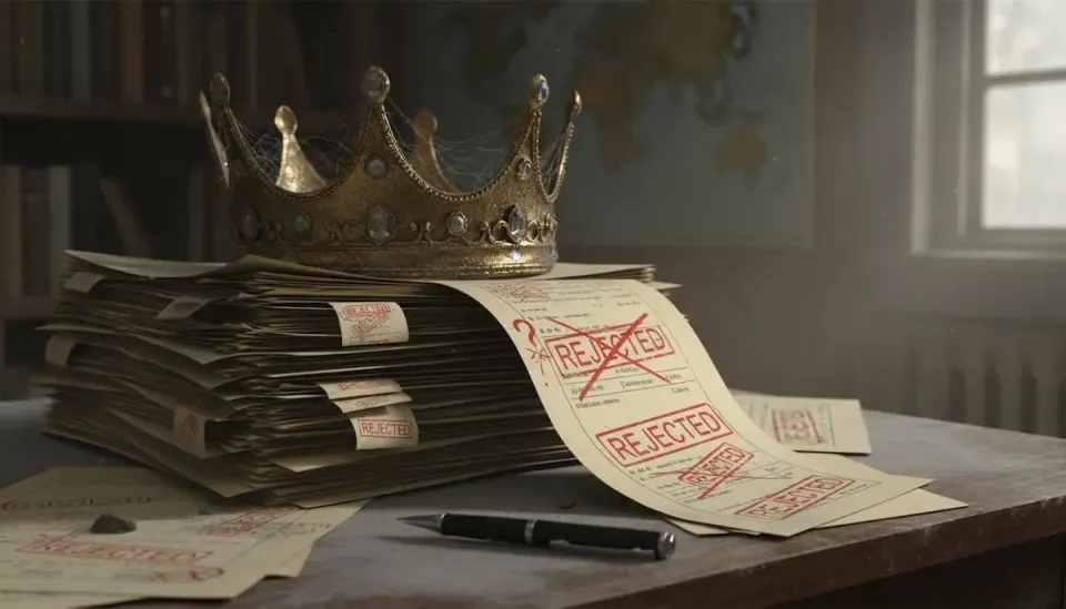 Dusty golden crown resting on stack of rejected budget documents stamped in red, symbolizing hollow power and bureaucratic illusion of control 