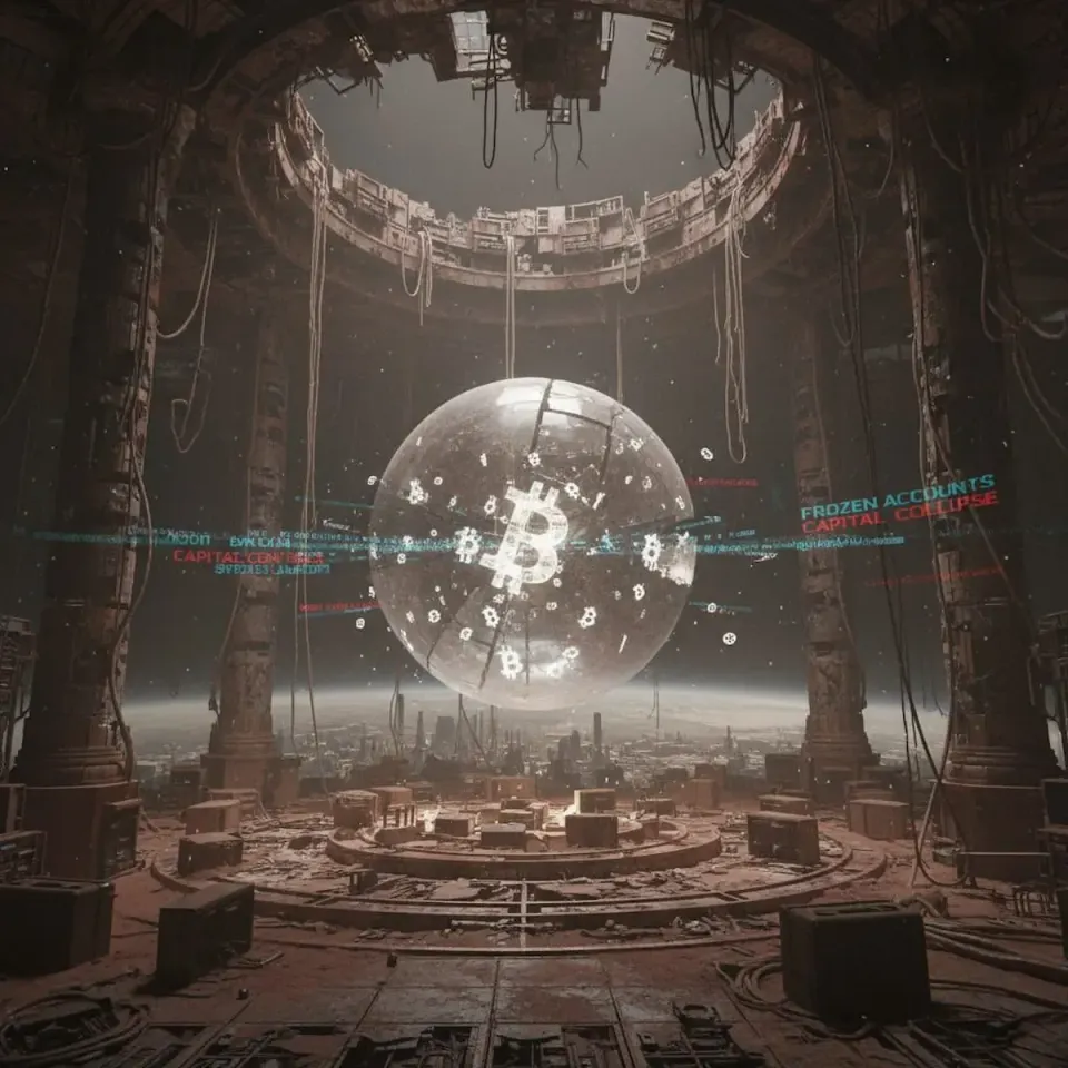 Decaying orbital financial citadel with cracked Bitcoin sphere hovering above dying metropolis, glitched text reading frozen accounts and capital collapse
