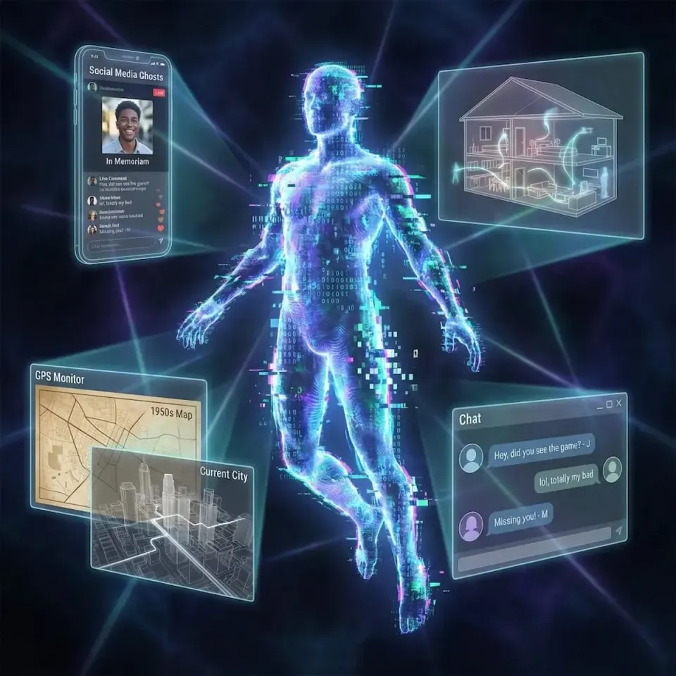 Translucent human figure made of glowing data streams and binary code, surrounded by floating screens showing memorial posts, ghostly chat messages, and old maps 