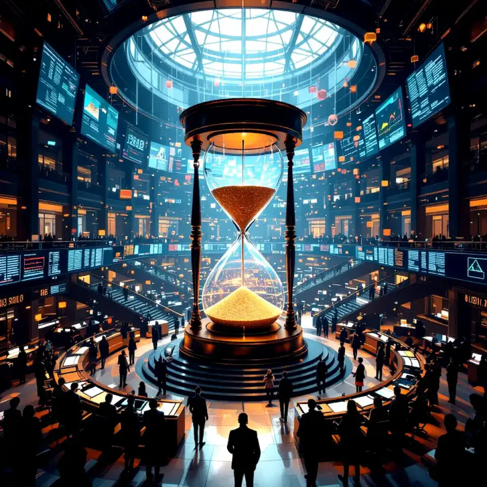 Massive hourglass with golden sand towering over a futuristic trading floor, surrounded by glowing market screens, data feeds, and crowds of silhouetted observers