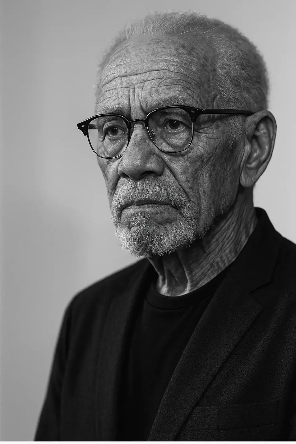 Black and white portrait of an elderly Black man with white hair, beard, and dark-rimmed glasses, wearing a dark blazer with a contemplative expression