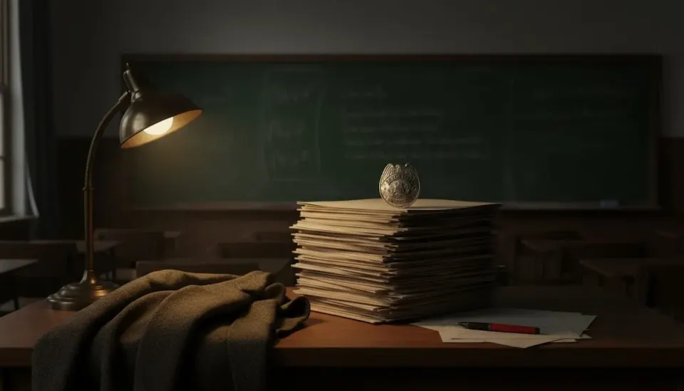 Dimly lit professor's desk in empty classroom with stack of student essays, tweed jacket, badge, and lamp evoking surveillance and AI suspicion in education.