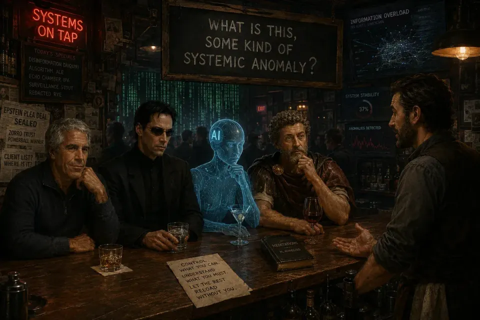 Surreal bar scene with four figures representing power, rebellion, AI, and Stoic philosophy beneath a chalkboard reading "What is this, some kind of systemic anomaly?"