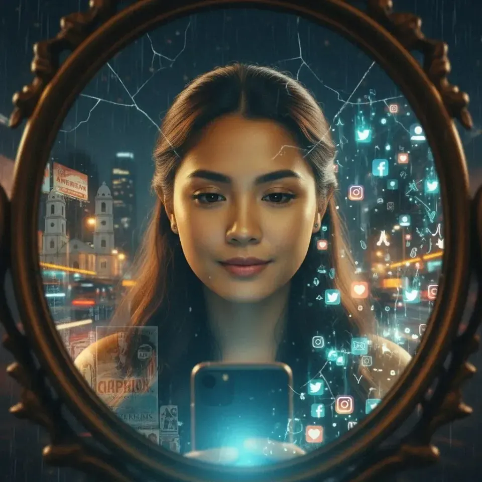 Young Filipina gazes into a cracked ornate mirror reflecting a rainy city, glowing social media icons, and her phone, symbolizing fractured digital identity.