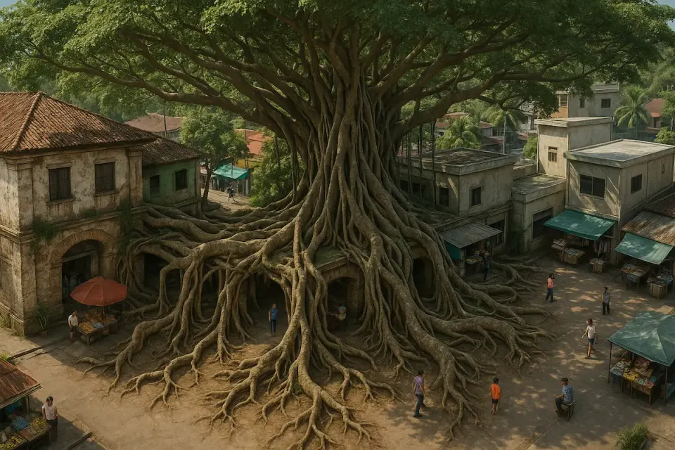Massive banyan tree with sprawling roots engulfing a Filipino plaza, surrounded by old Spanish-era buildings, market stalls, and villagers going about their day.