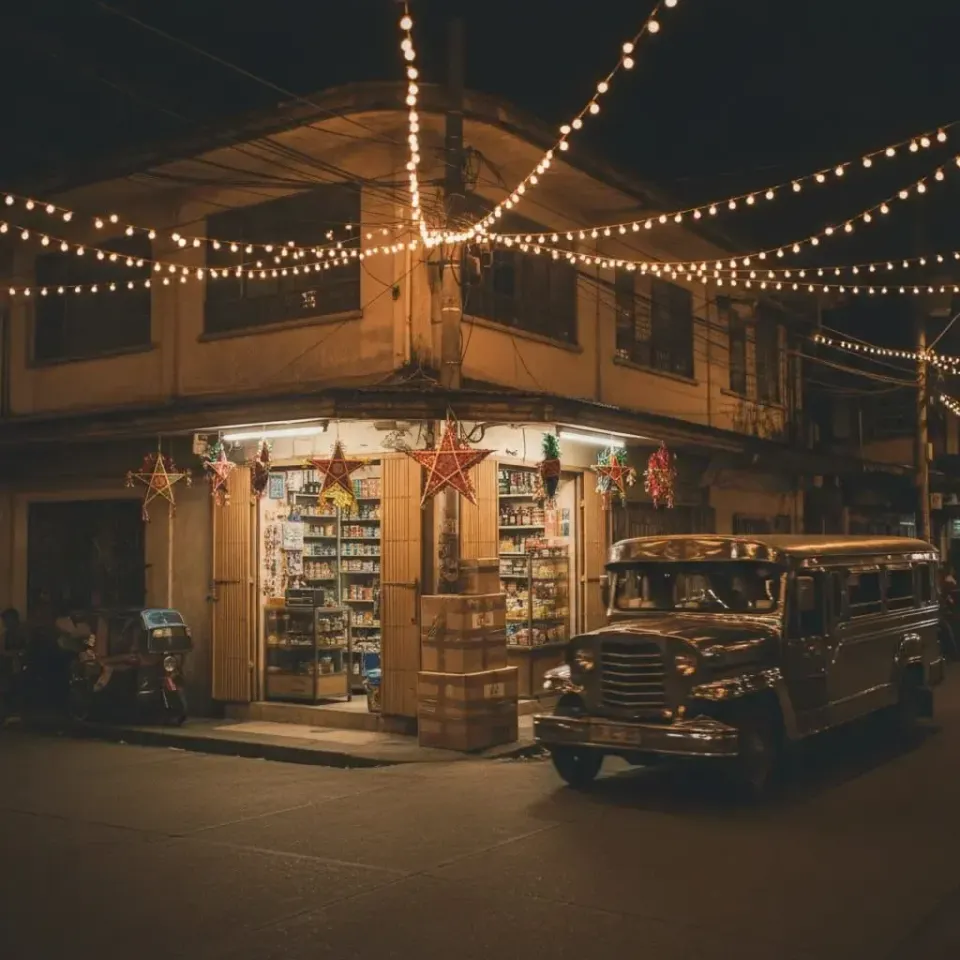 Filipino corner sari-sari store at night lit by string lights and parol lanterns, with a vintage jeepney parked outside, marking the start of the ber months.