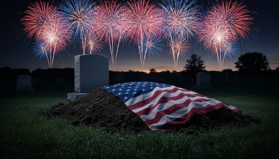 Fresh grave covered with American flag in cemetery beneath red, white, and blue fireworks at night, symbolizing the fragile state of the American republic.