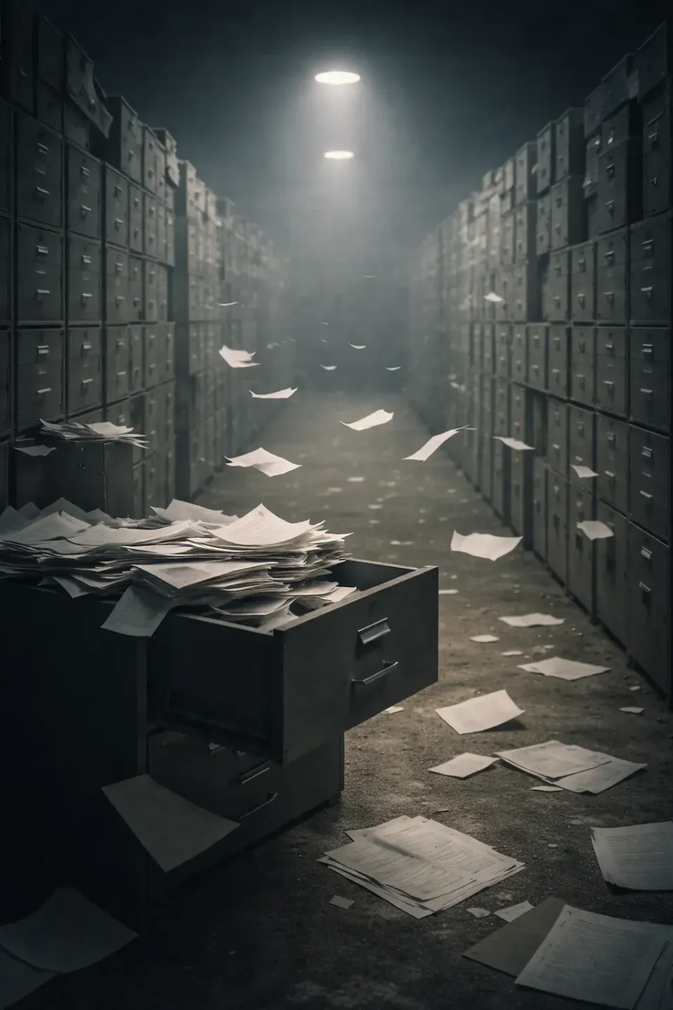 Dim warehouse of endless filing cabinets with papers scattering from open drawer, symbolizing lost memory and the fragility of recorded knowledge