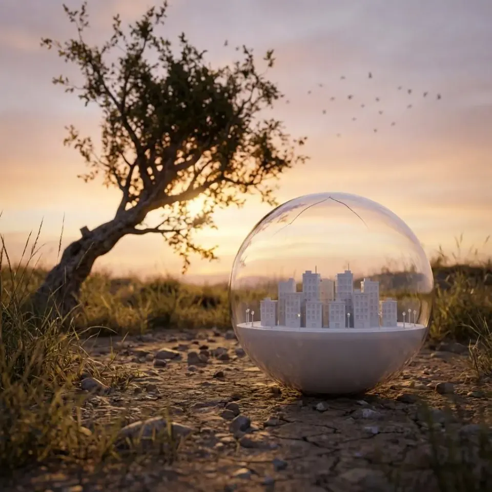  Miniature city inside cracked glass sphere on barren earth beside lone tree at sunset, symbolizing fragile artificial consciousness