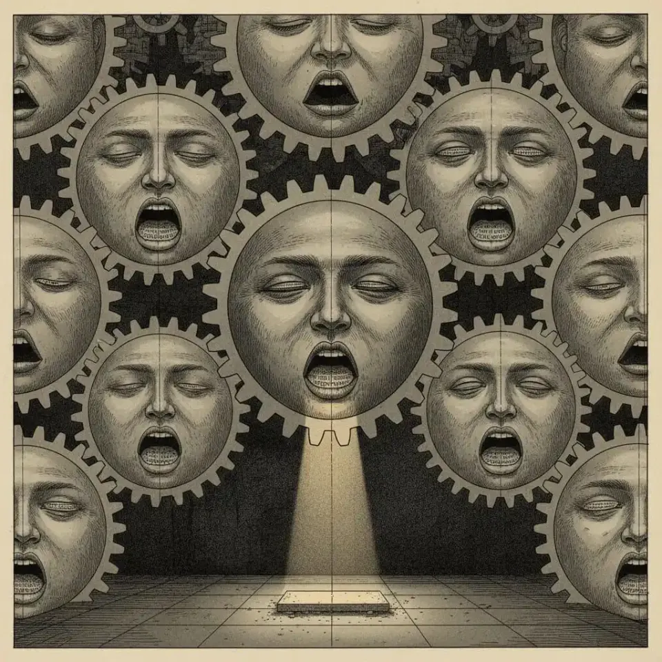 Vintage engraving of interlocking gears made of singing human faces with closed eyes, illuminated by spotlight on empty stage below