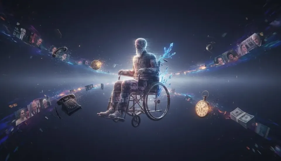 Elderly man in wheelchair floats in cosmic void, surrounded by orbiting memory photos, rotary phone, pocket watch, and glowing branches