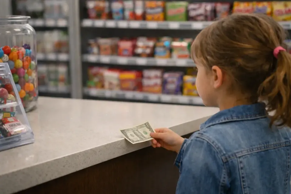 Young girl in denim jacket holding a dollar bill at a candy store counter, illustrating the practical test of money Bitcoin fails to pass