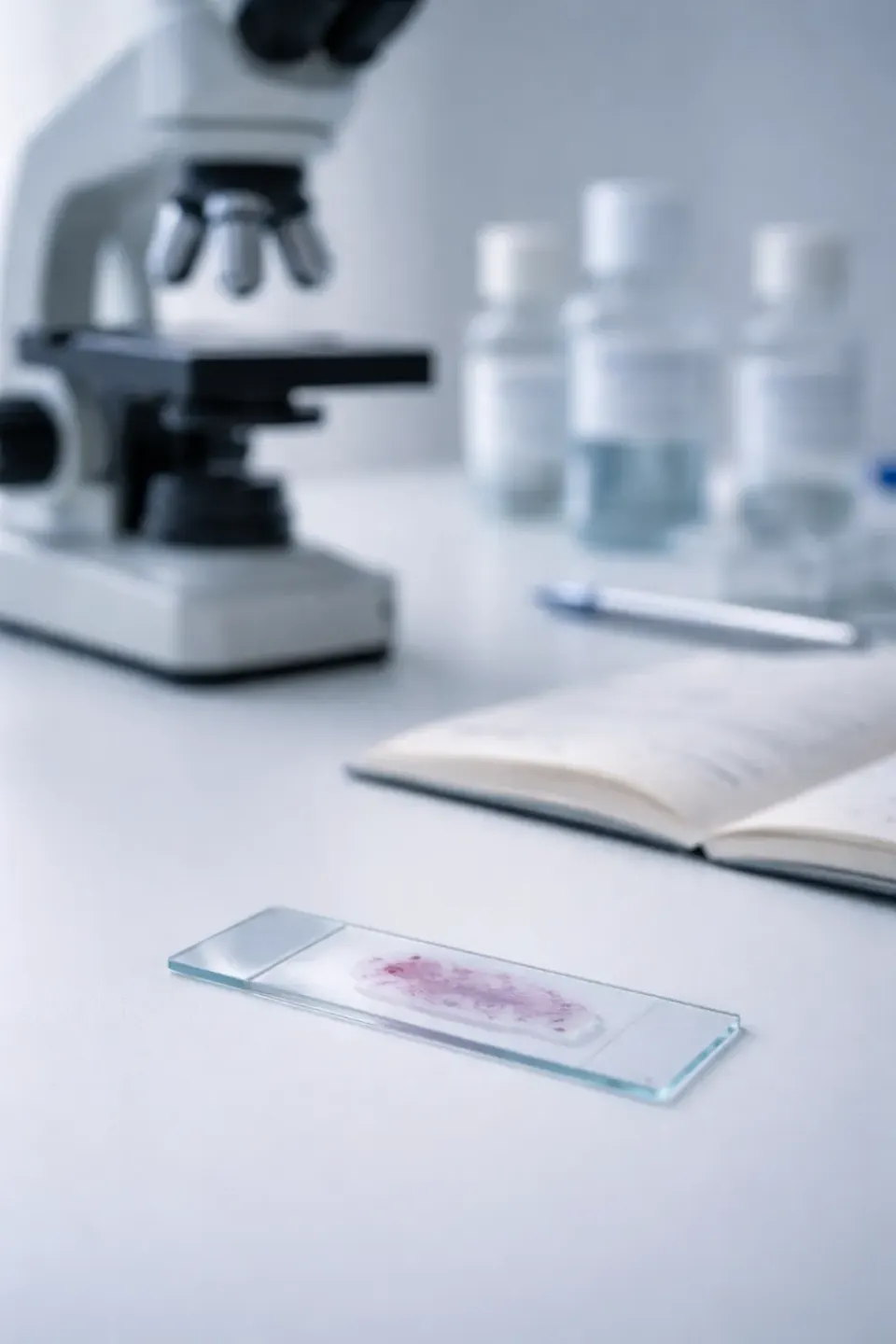 Histology slide with pink-stained tissue on a lab bench, microscope and reagent vials softly blurred behind, evoking drug development pathology work.