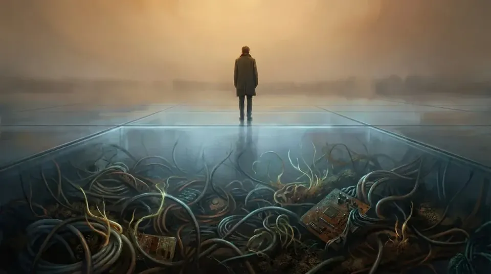 Solitary figure on a glass floor above tangled wires and circuit boards, symbolizing cognitive abstraction, infobesity, and hidden dependency on AI systems.