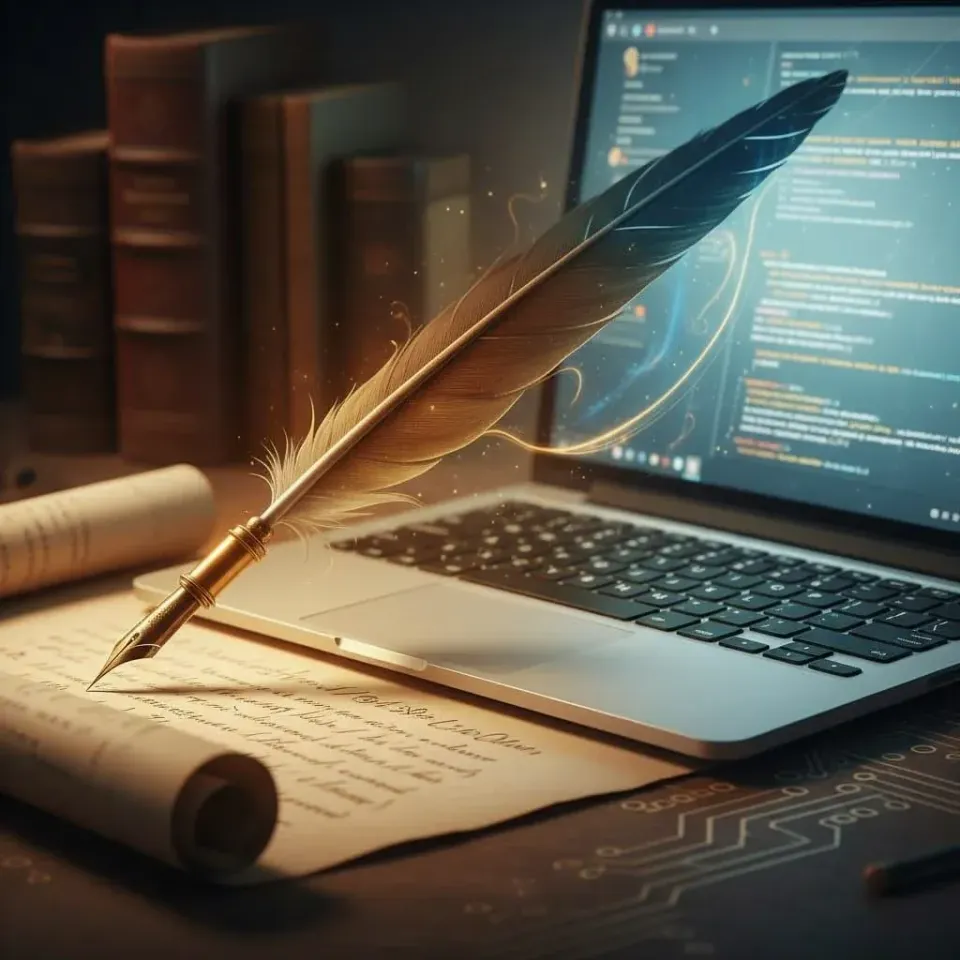 Antique feather quill resting on a laptop beside a handwritten manuscript and glowing code screen, symbolizing the continuum between traditional and AI writing.