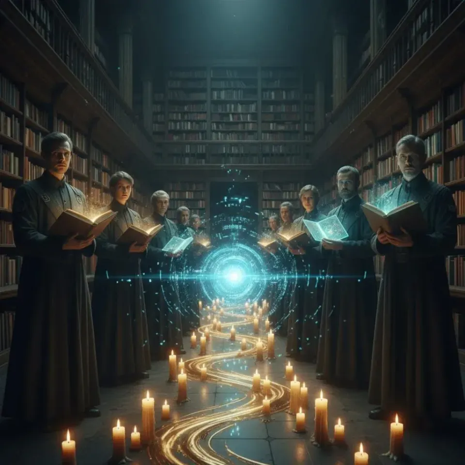 Robed literary figures holding glowing books in a candlelit library beside a digital vortex, symbolizing gatekeepers resisting AI-assisted writing.