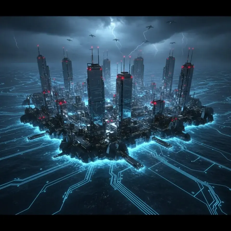 Cyberpunk island city with red-lit towers ringed by glowing circuit ocean and aircraft under stormy sky, symbolizing tech indispensability 