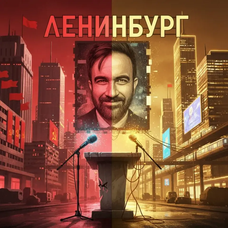 Stylized Leninburg cityscape split between red Soviet propaganda and golden capitalist skyline with bearded leader portrait above empty podium