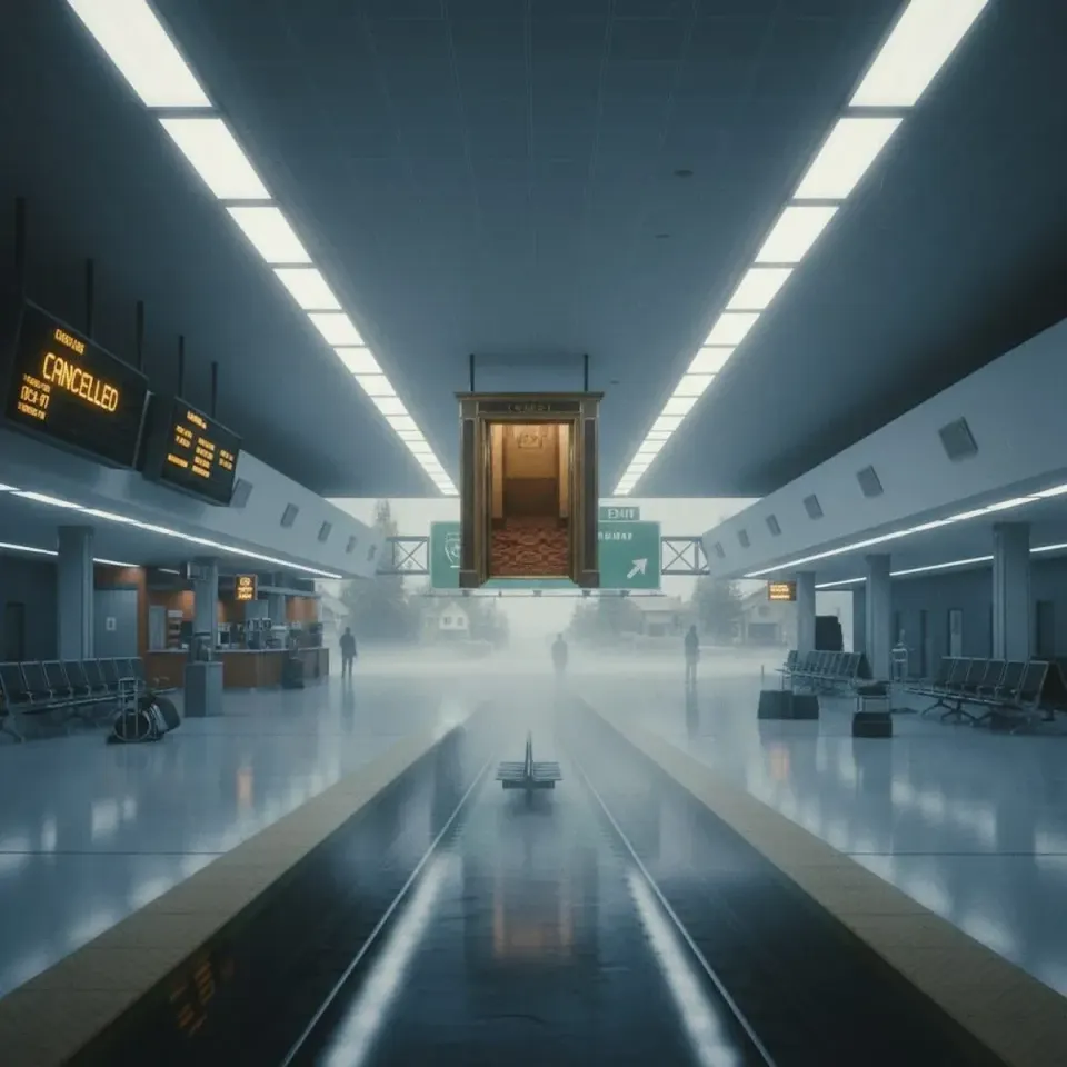 Empty fluorescent-lit terminal with cancelled departure boards, a glowing doorway floating mid-air, and faint silhouettes drifting through misty platforms 