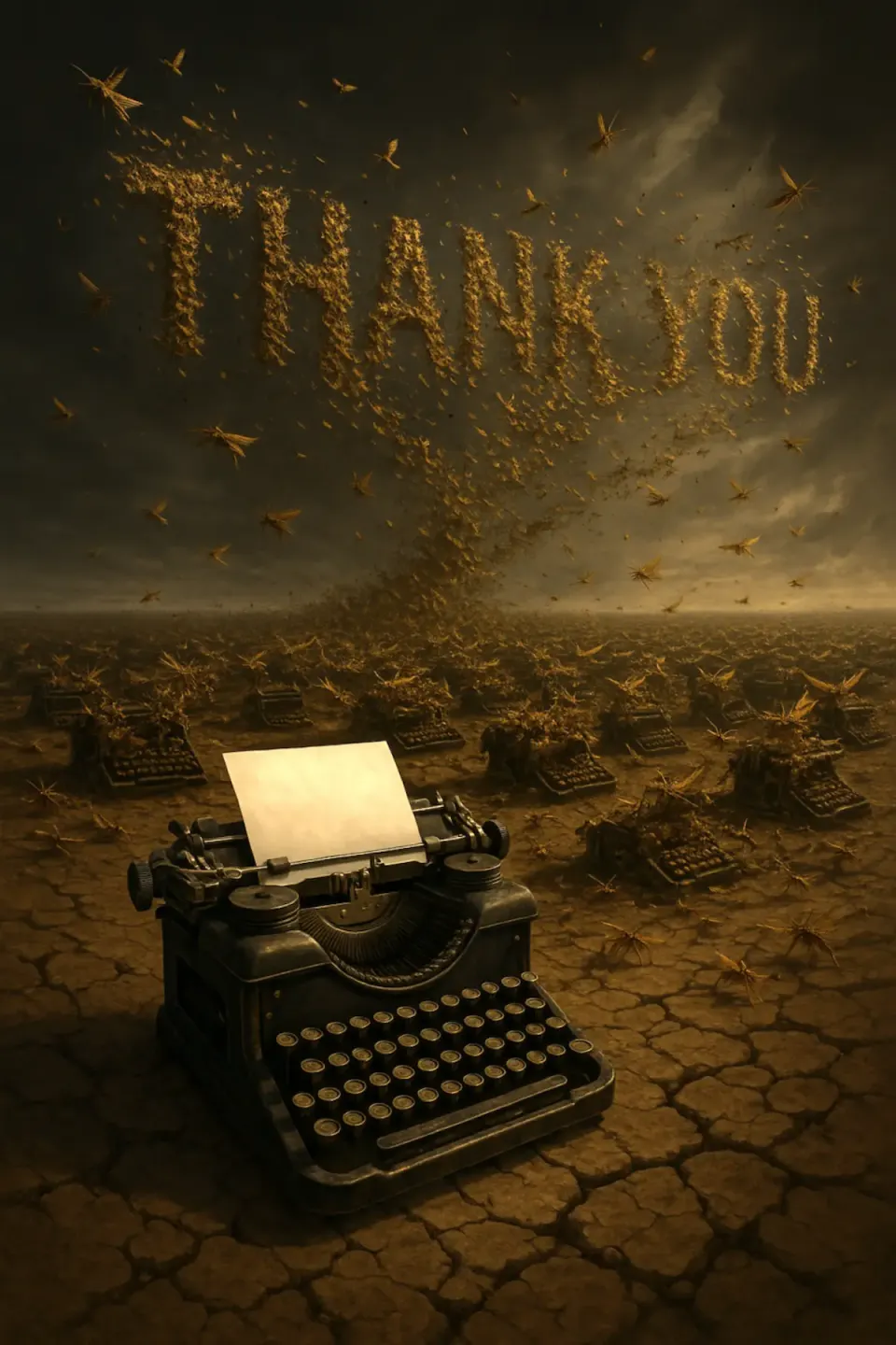 Vintage typewriter on cracked earth as locust swarm spells "Thank You" above ruined typewriter graveyard, symbolizing platform decay
