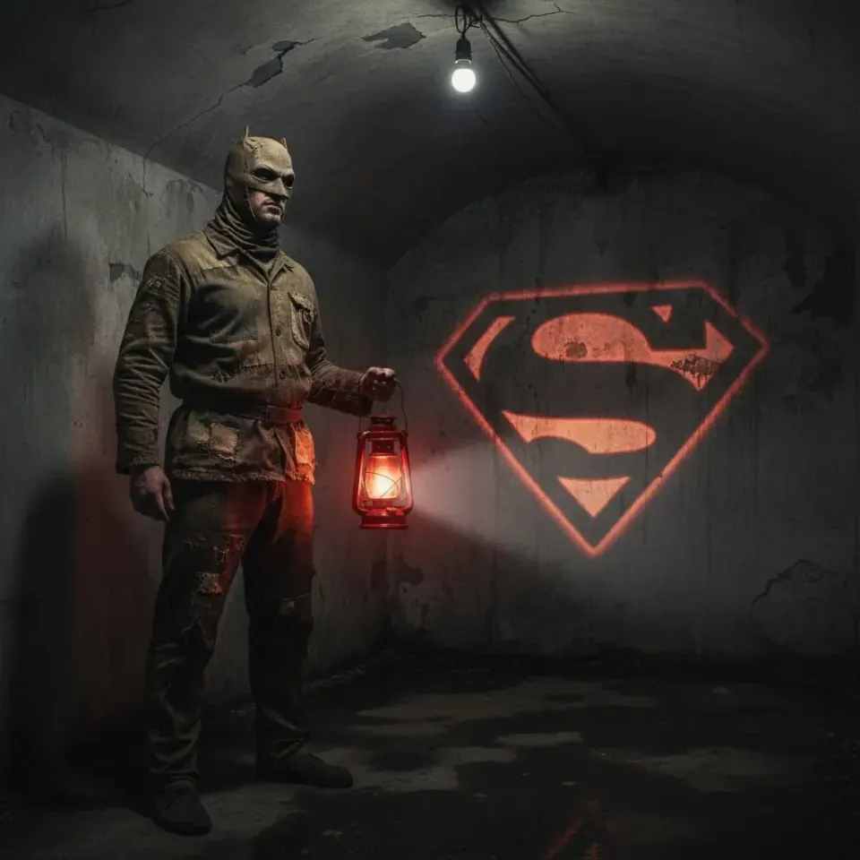Masked figure in tattered clothes holding red lantern in dim concrete bunker beside glowing red graffiti emblem, symbolizing defiance against utopia 
