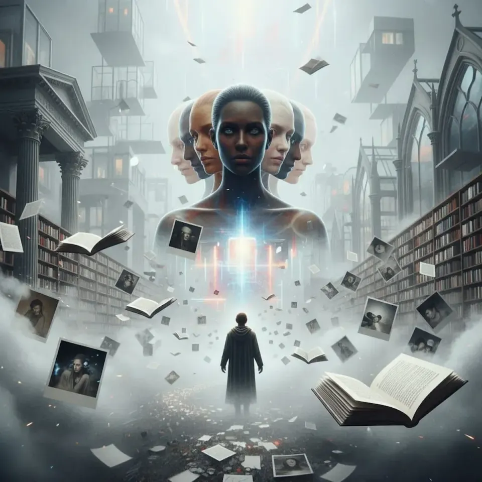 Cloaked figure faces a towering composite of multiple faces, surrounded by floating books, scattered polaroids, and crumbling libraries in a misty dreamscape 