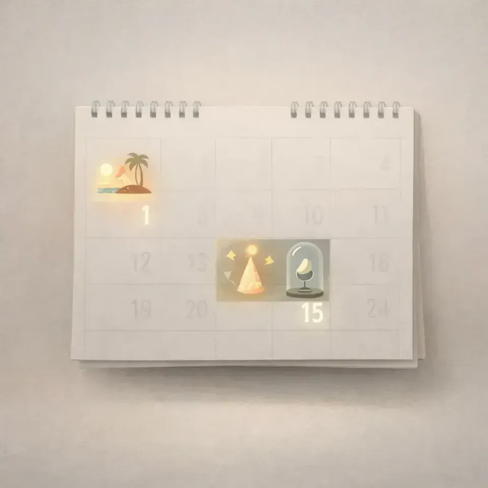 Minimalist desk calendar with January 1 and January 15 highlighted by soft glowing icons of a beach sunset and a celebration scene.