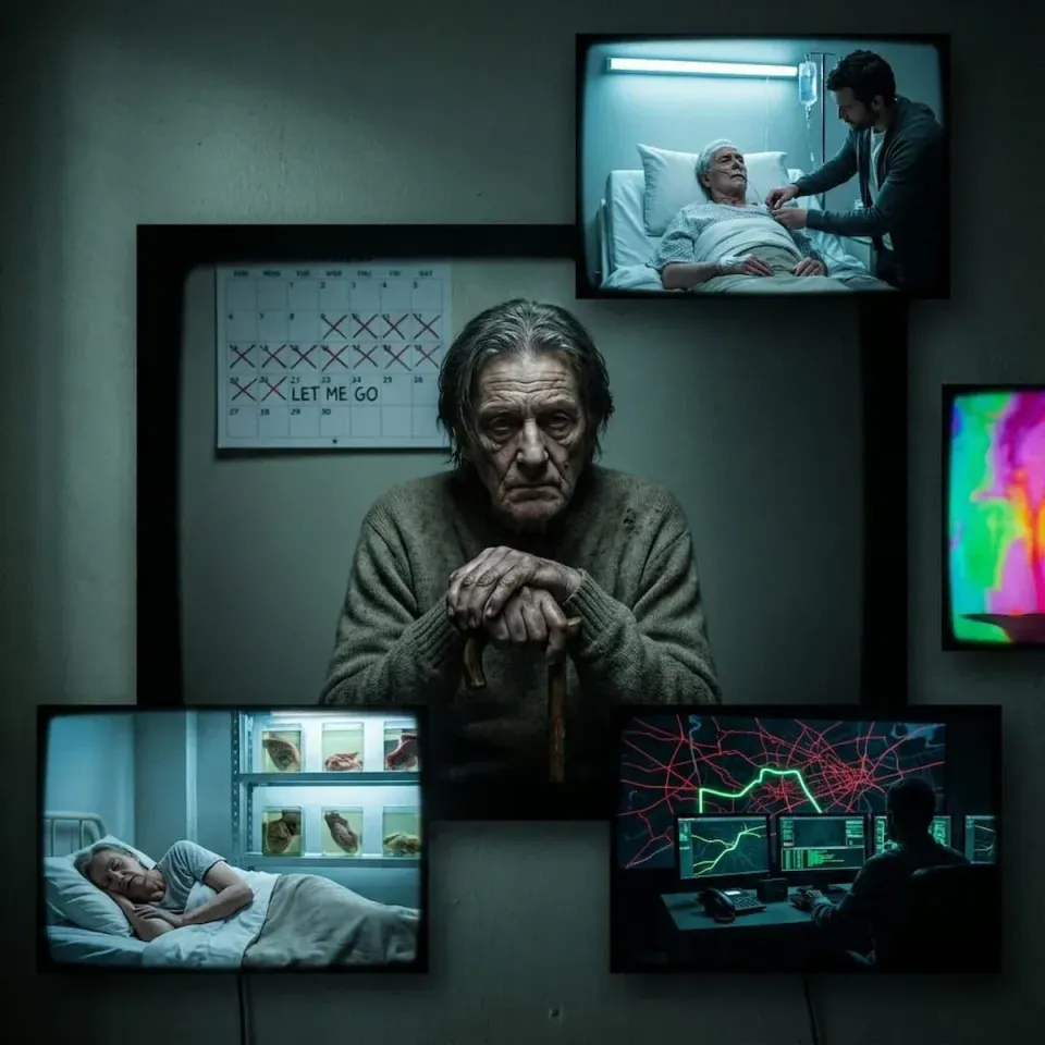 Weary elderly man rests on a cane beside a calendar marked "LET ME GO," surrounded by screens showing hospital scenes, surveillance maps, and medical specimens