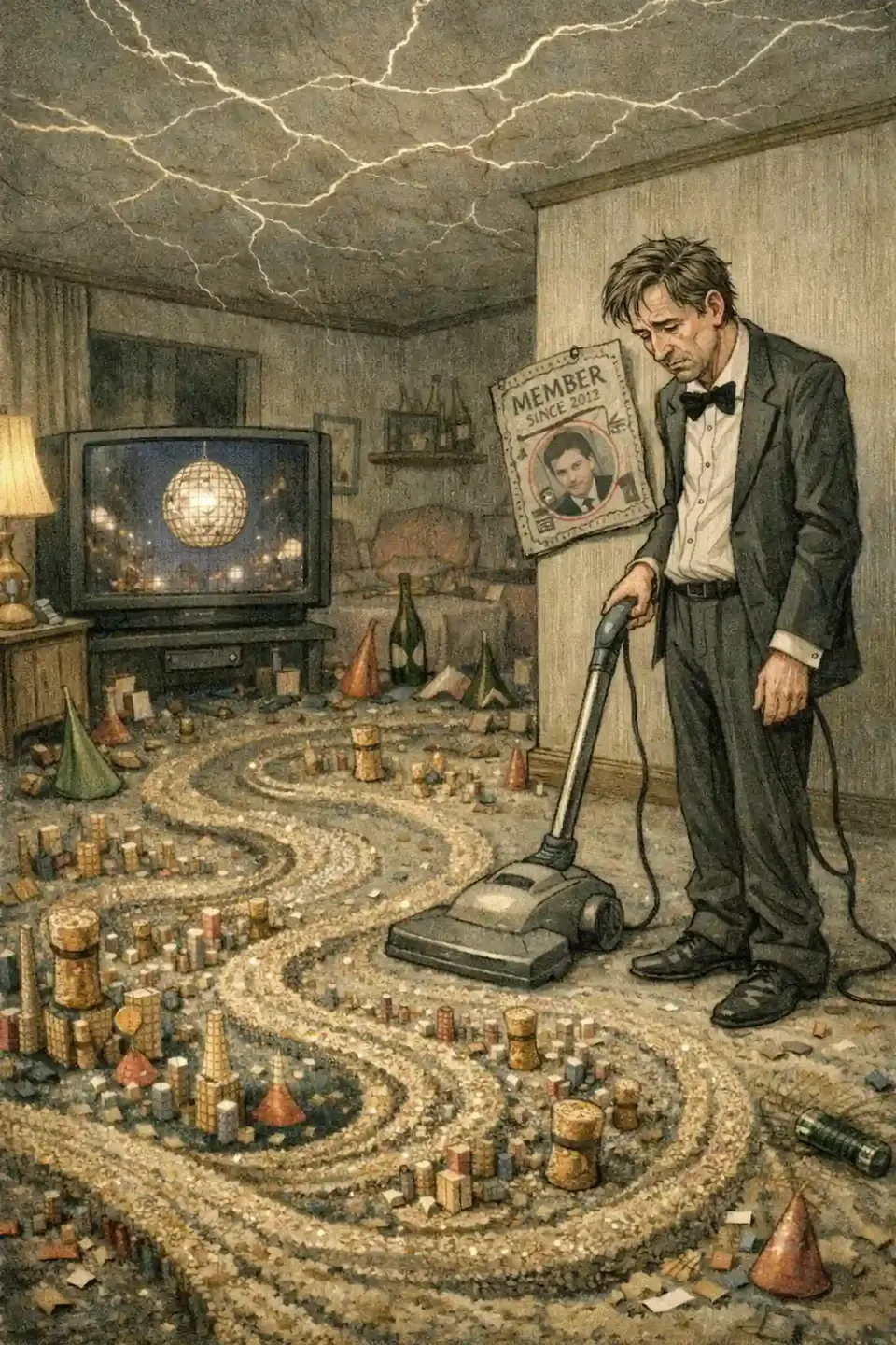 Weary man in a bow tie vacuums a tiny confetti city of corks and party hats, beneath a cracked ceiling, faded disco TV, and a "Member Since 2012" plaque