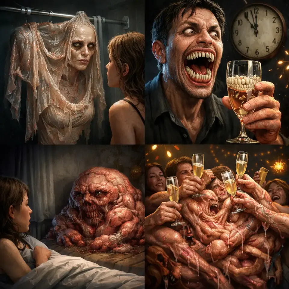 Four-panel grotesque collage of New Year scenes: a peeling skin figure, a man with monstrous teeth toasting, a fleshy creature beside a child, and a writhing party