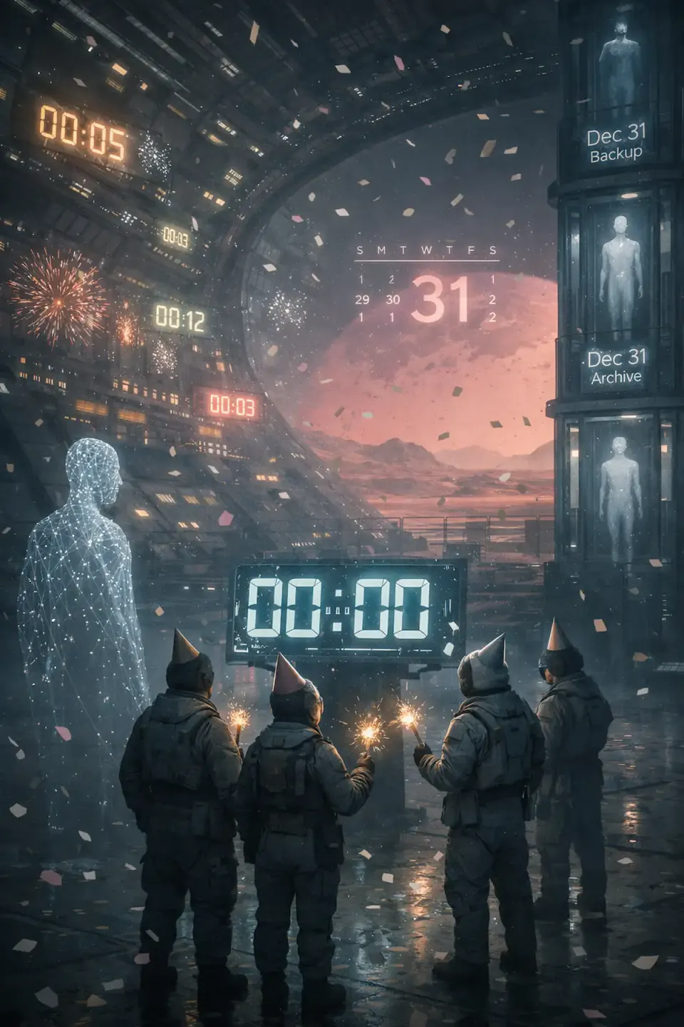 Four suited figures in party hats hold sparklers before a countdown clock on a Mars colony, watched by a holographic figure and stacked Dec 31 archive pods