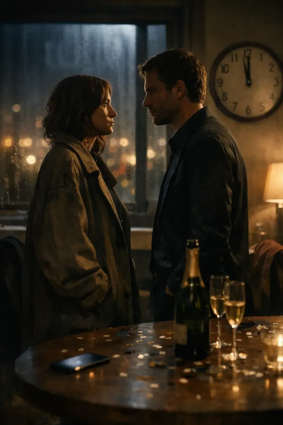 Couple stands face to face in dim lamplight beside champagne and confetti, with a clock approaching midnight and rain-soaked city lights glowing through the window