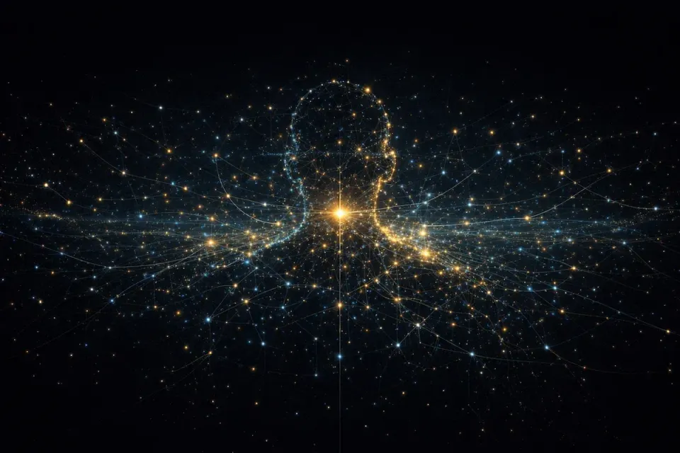 Faint human profile formed by scattered points of light and connecting threads on a dark field, symbolizing the illusion of AI consciousness shaped by human perception.