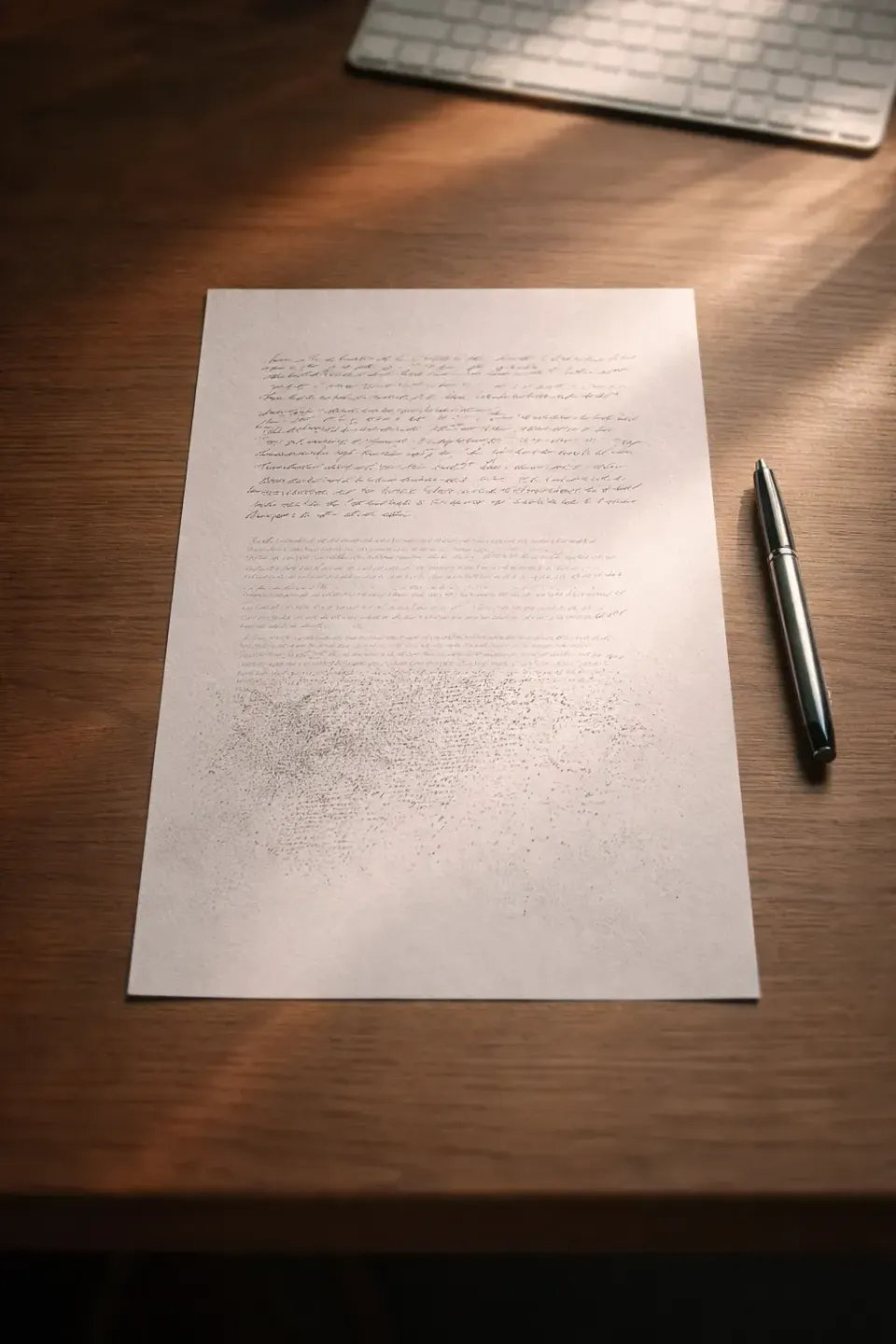 Handwritten manuscript on a wooden desk beside a pen and keyboard, symbolizing reader resonance mattering more than the origin or authorship of writing.