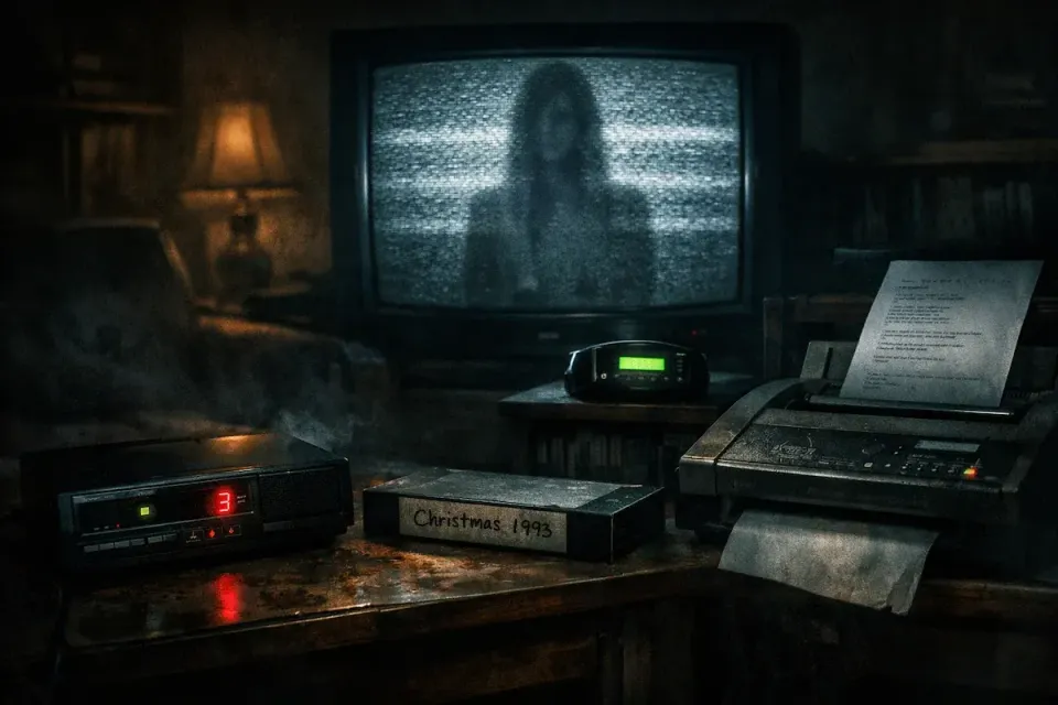 Dim room with a static-filled CRT TV showing a ghostly figure, beside a VCR, "Christmas 1993" VHS tape, answering machine, and a fax printing a faded letter