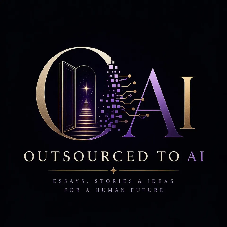 Outsourced to AI logo featuring a golden open door leading to a starry staircase merging with purple neural circuits and circuit board patterns