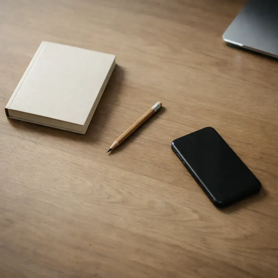 Minimalist wooden desk with a closed notebook, sharpened pencil, smartphone, and laptop edge, representing the quiet tools behind human-directed AI writing.