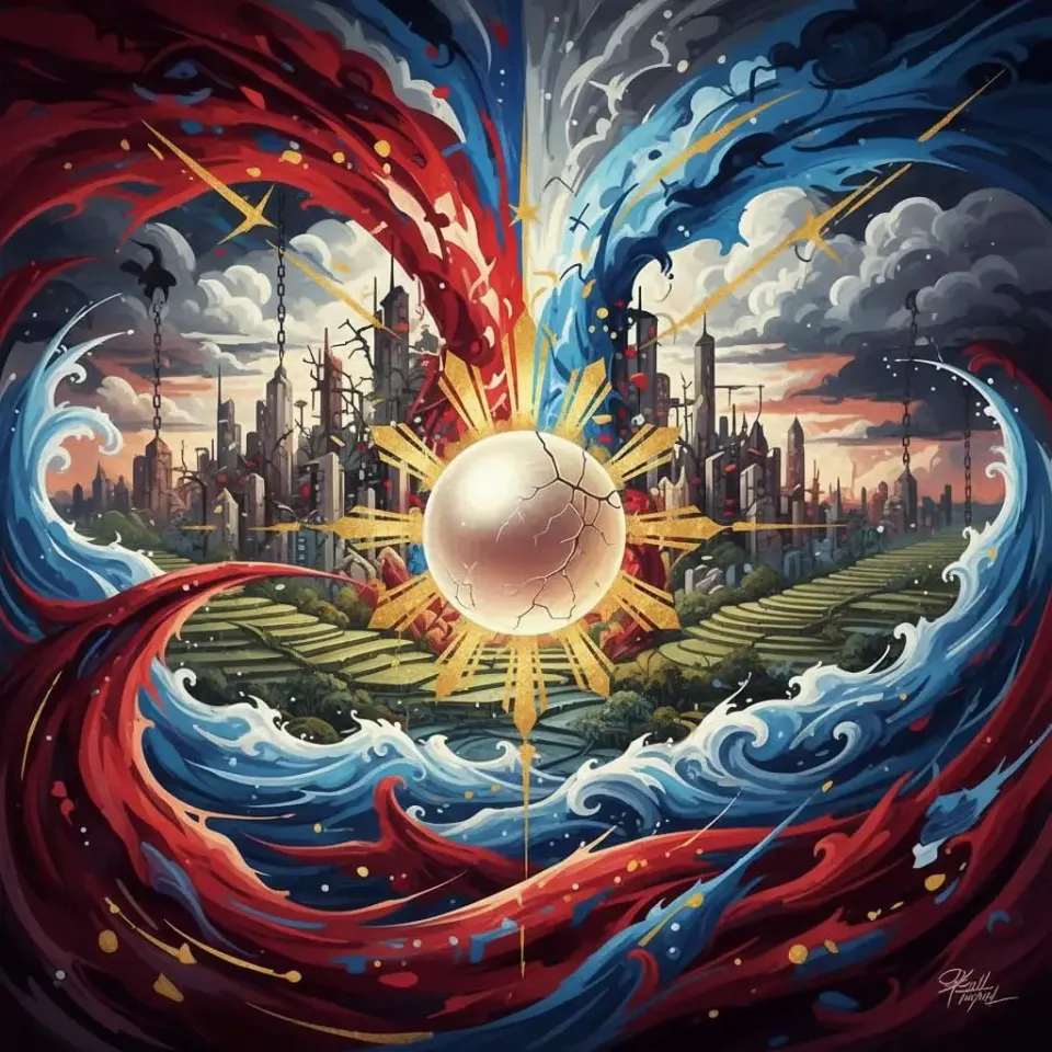 Abstract painting of cracked pearl at center of golden sun, surrounded by swirling red and blue waves, rice terraces, and twin cityscapes symbolizing dual identity.