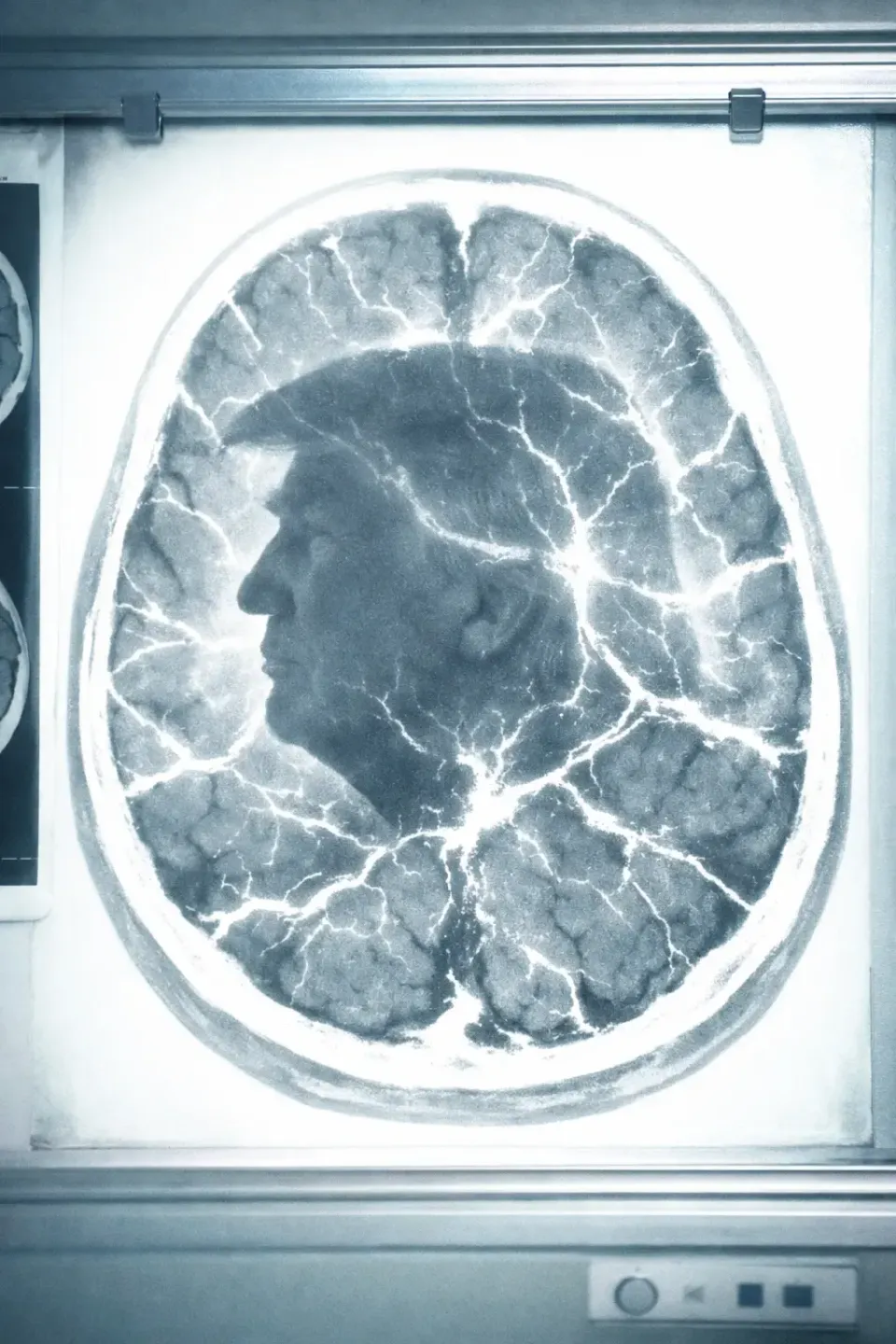 Medical brain scan on lightbox revealing silhouetted profile of a political figure embedded within the cortex, symbolizing mind as ideology