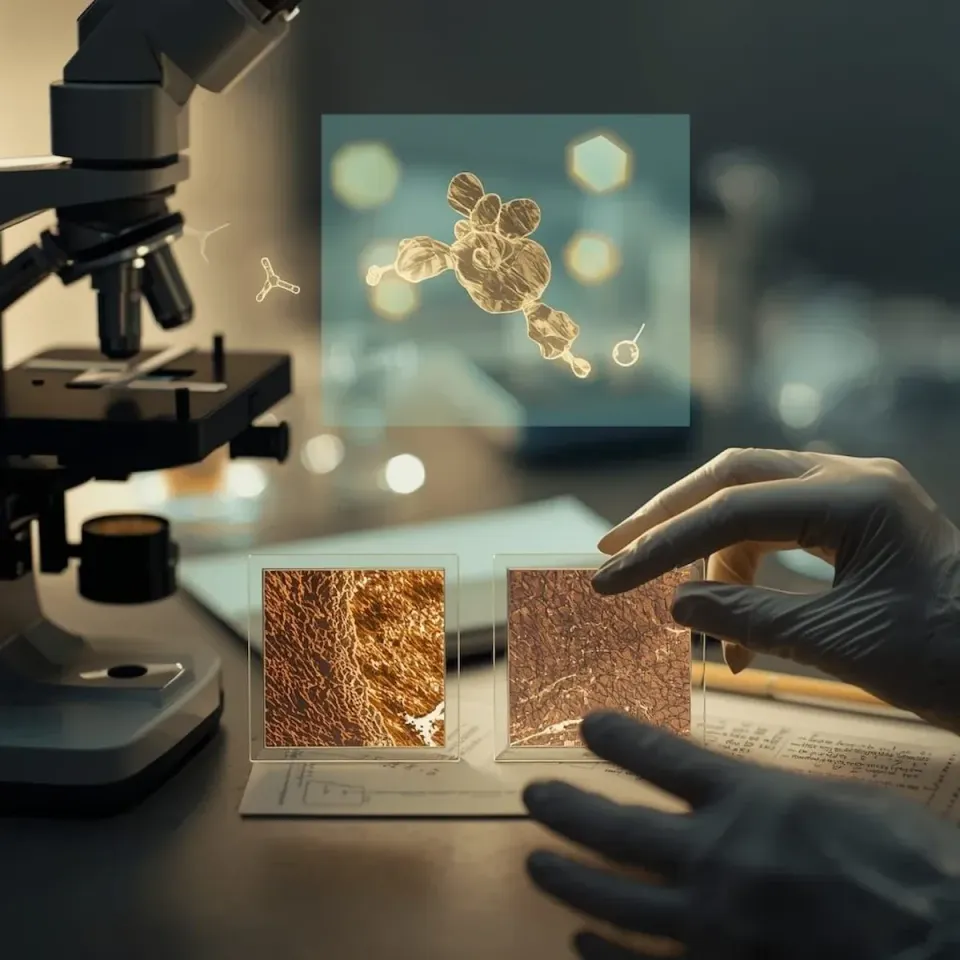 Cinematic lab scene with gloved hand examining two stained xenograft tissue slides beside a microscope and floating molecular structure illustration. 