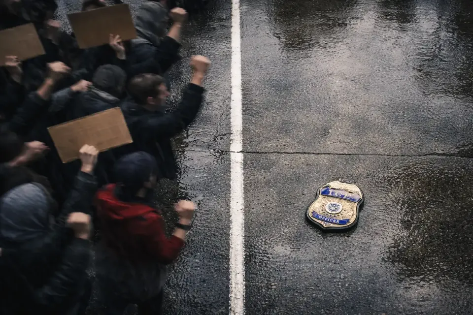 Blurred protesters with raised fists and signs marching past a discarded ICE officer badge lying on wet pavement, symbolizing collapsing authority