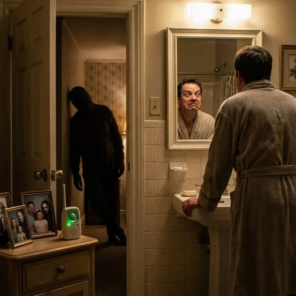Man in robe stares at his distorted reflection in a bathroom mirror while a shadowy figure lurks in the hallway near family photos and a baby monitor 