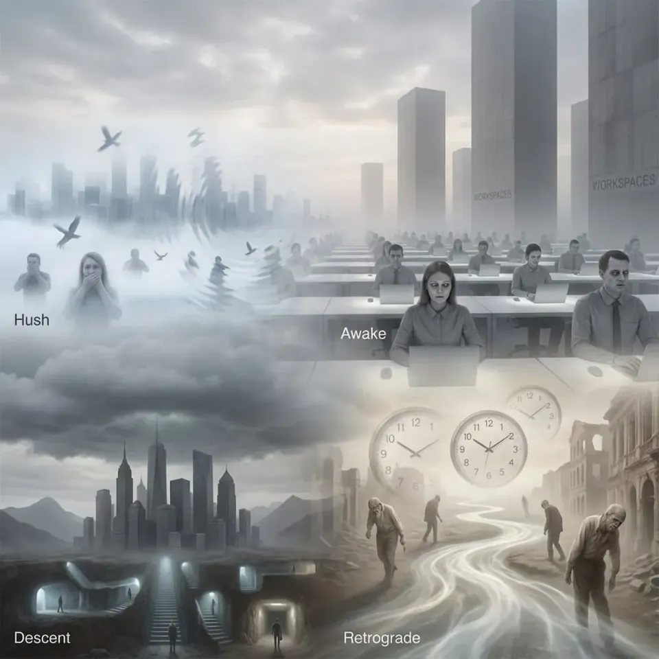 Four-panel grayscale composite showing subtle catastrophes labeled Hush, Awake, Descent, and Retrograde, with silent crowds, workspaces, underground cities, and clocks 