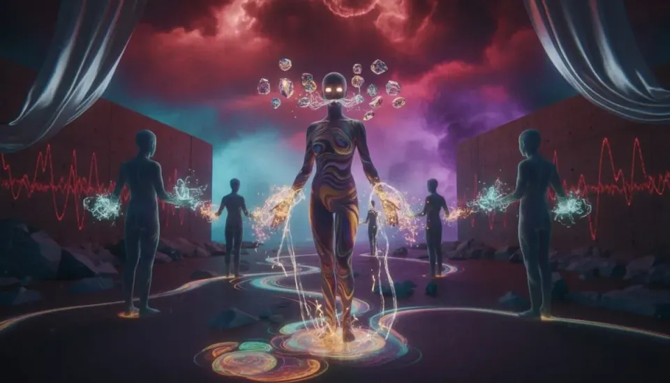 Central figure with swirling iridescent skin and glowing eyes radiates light from feet and hands, surrounded by silhouetted figures and floating crystals under red sky