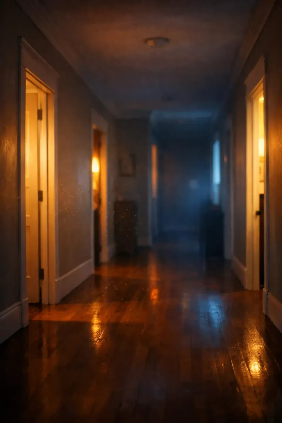 Dimly lit empty hallway with warm and cool light spilling from open doorways, evoking the quiet passage of time and rooms a parent leaves behind.