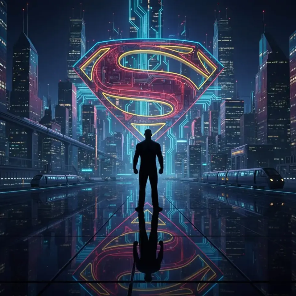 Silhouetted figure standing before glowing neon circuit-board emblem in cyberpunk cityscape at night, reflected on wet mirrored floor