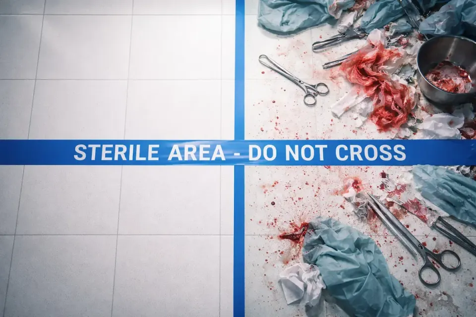 Hospital floor split by blue sterile-area tape, with clean tiles on one side and blood-stained surgical tools and gauze on the other