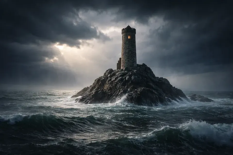 Lone stone tower with a single lit window stands atop a rocky outcrop in a stormy sea as sunlight breaks through dark clouds.