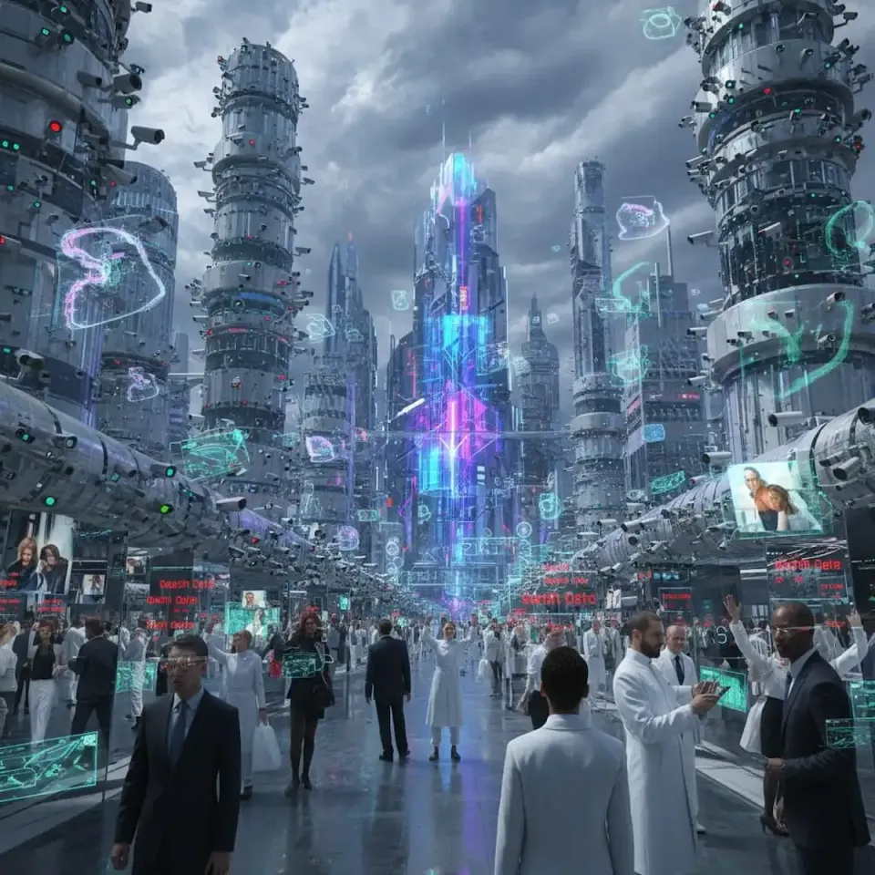 Futuristic cityscape lined with towering camera stacks, holographic data streams, and citizens walking among glowing screens displaying personal information